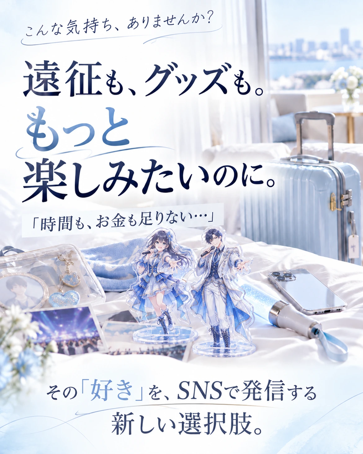 遠征もグッズももっと楽しみたい。その好きをSNSで発信する新しい選択肢。男女のアイドルのアクリルスタンド。