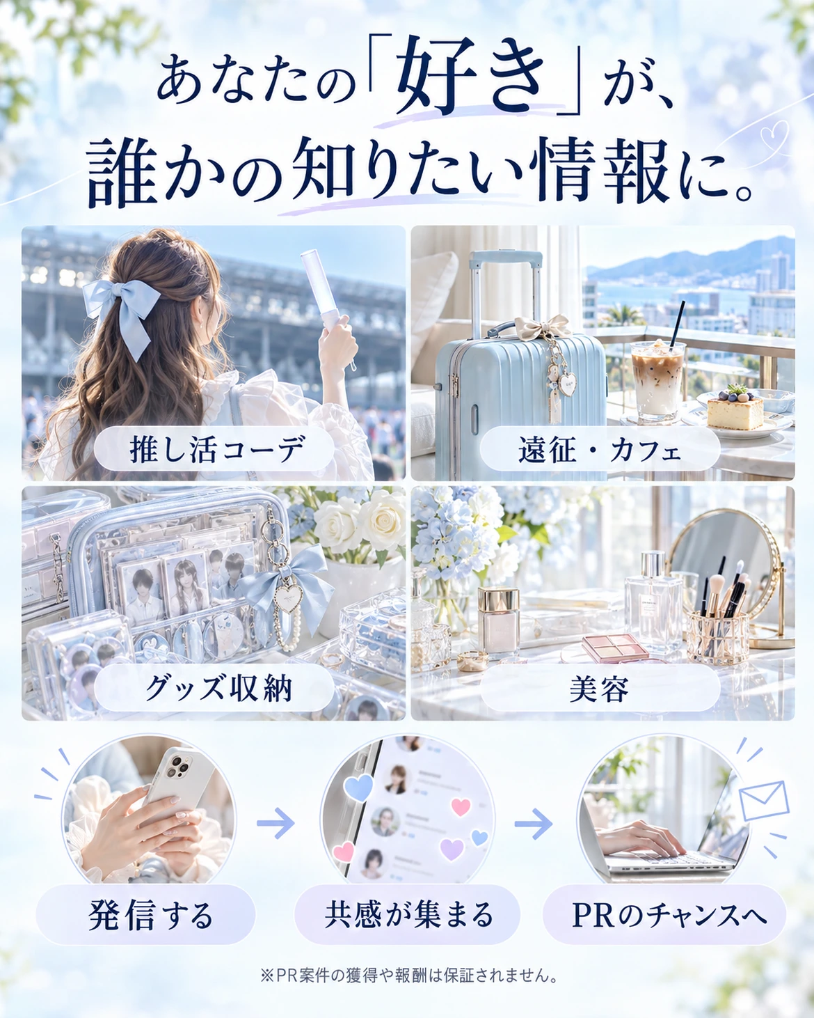 推し活コーデ、遠征やカフェ、グッズ収納、美容を発信し、共感からPRのチャンスへ。案件や報酬の保証はありません。